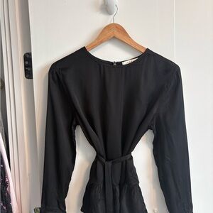 NWOT Sandro Black Long Sleeve Tie-Waist Ruffled Blouse